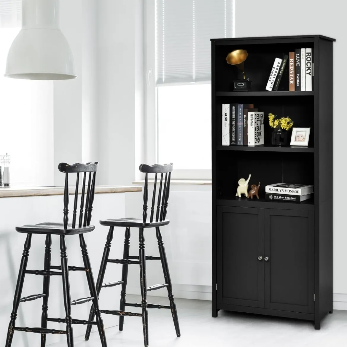 Bücherschrank Bücherregal mit Türen & 3 offenen Regalen Standregal Aktenregal Schwarz