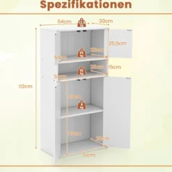 Bücherschrank mit Türen Bücherregal mit verstellbarem Regal und offenem Fach 54 x 30 x 112 cm Weiß