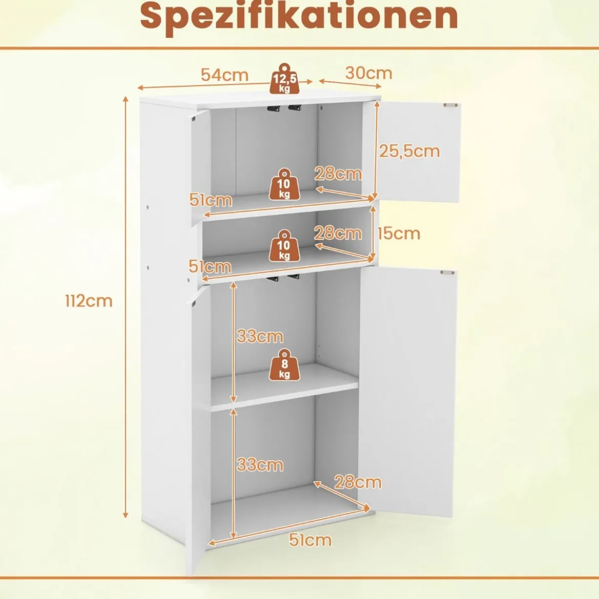 Bücherschrank mit Türen Bücherregal mit verstellbarem Regal und offenem Fach 54 x 30 x 112 cm Weiß