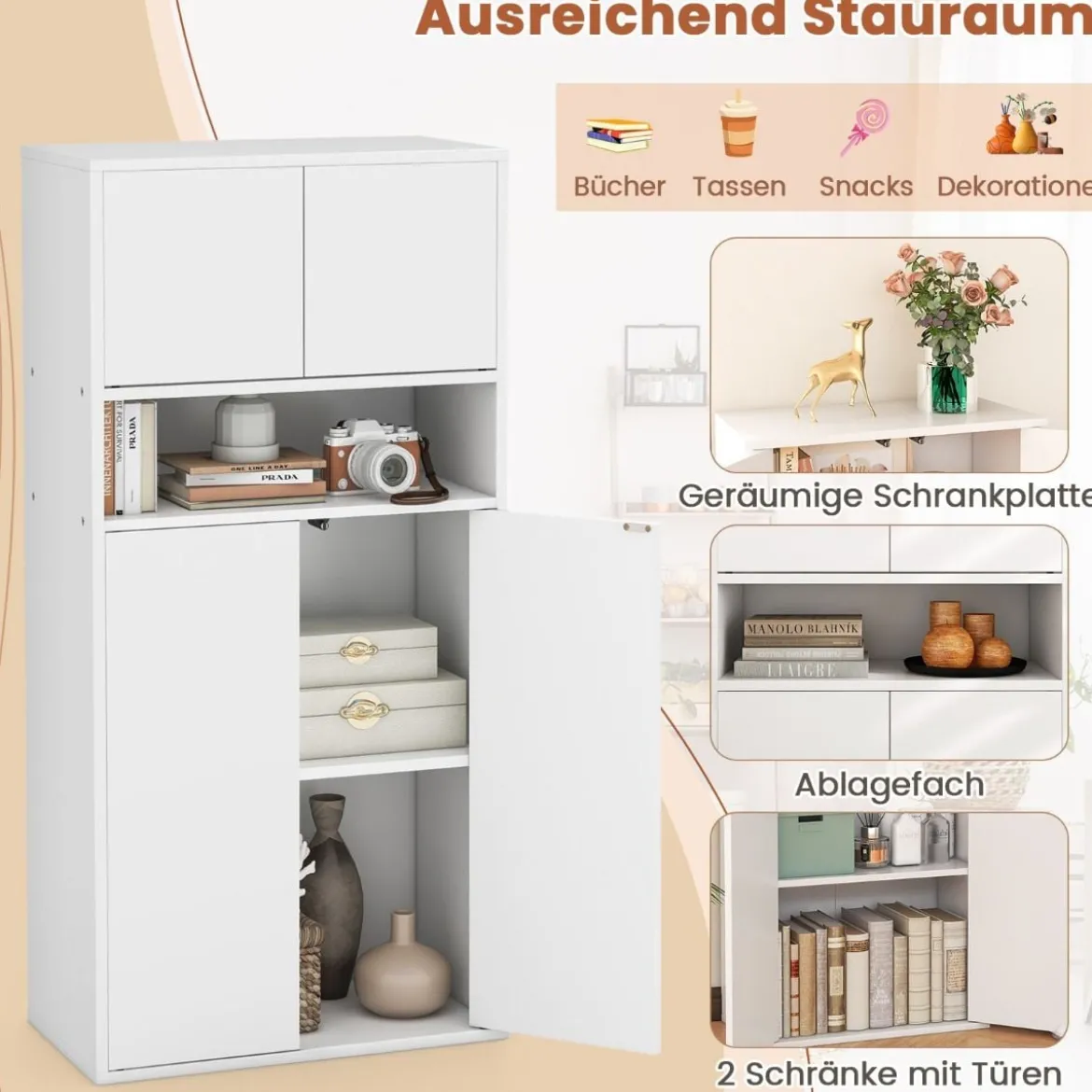Bücherschrank mit Türen Bücherregal mit verstellbarem Regal und offenem Fach 54 x 30 x 112 cm Weiß