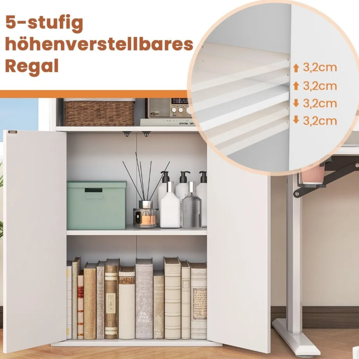 Bücherschrank mit Türen Bücherregal mit verstellbarem Regal und offenem Fach 54 x 30 x 112 cm Weiß