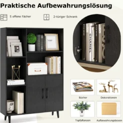 Bücherschrank mit Türen & Offenes Fächern Bücherregal Standregal Büroregal Sideboard Schwarz