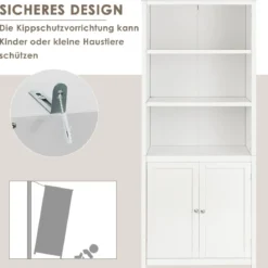 Bücherschrank mit Türen & 3 Offenen Regalen Bücherregal Hochschrank 74,5 x 35,5 x 181,5 cm Weiß