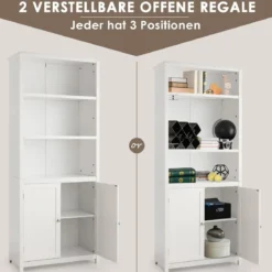 Bücherschrank mit Türen & 3 Offenen Regalen Bücherregal Hochschrank 74,5 x 35,5 x 181,5 cm Weiß