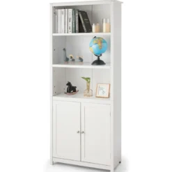 Bücherschrank mit Türen & 3 Offenen Regalen Bücherregal Hochschrank 74,5 x 35,5 x 181,5 cm Weiß