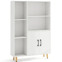 Bücherschrank Weiß Bücherregal mit Türen und offenes Fächern 80 x 23,5 x 119 cm