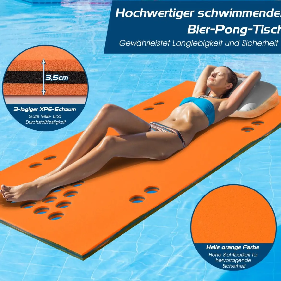 Beer Pong Schwimmender Teppich Wassermatte Schwimmmatte 176 x 90 x 3,5 cm Orange + Schwarz