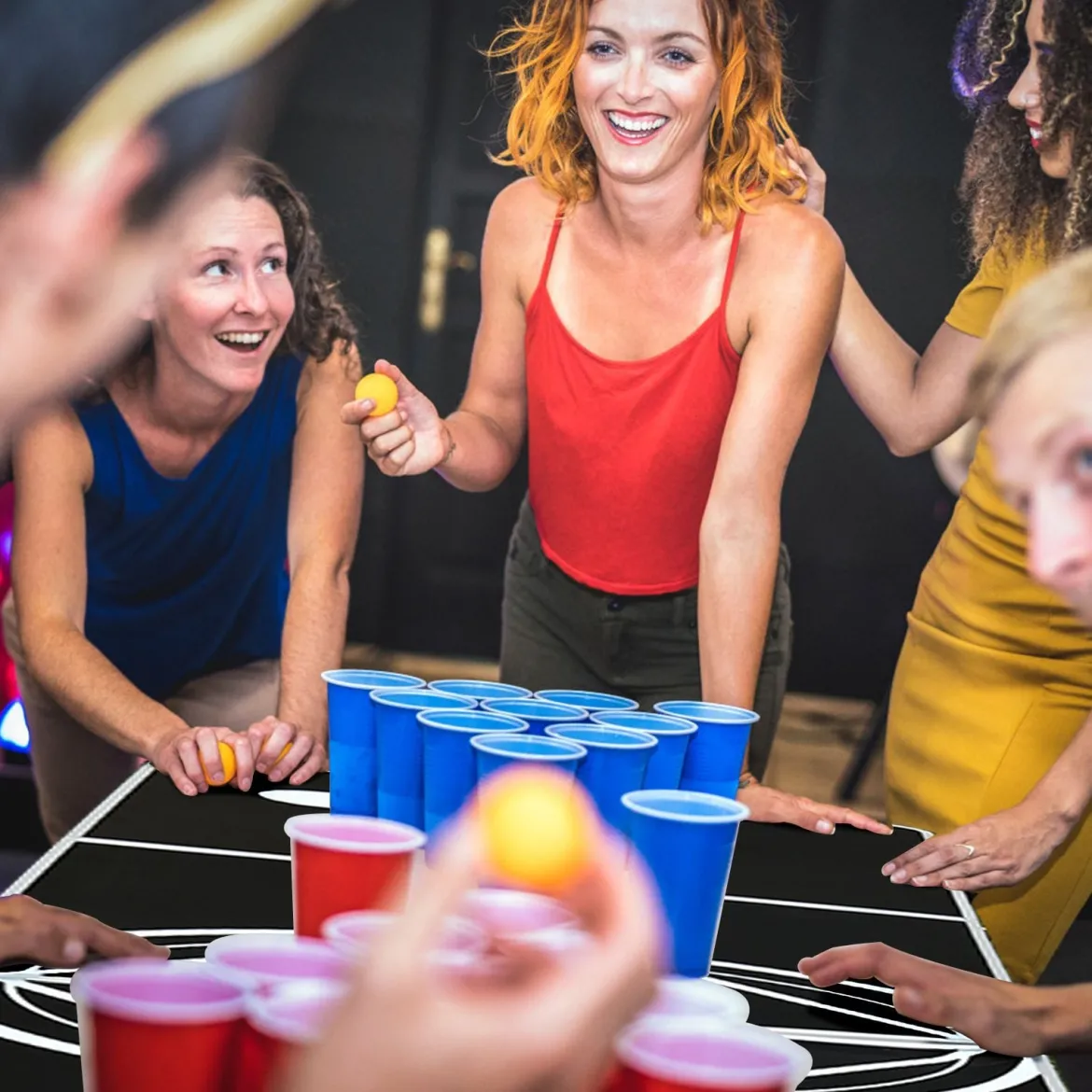 Beer Pong Tisch Partyspiele klappbar Bierpong Tisch Campingtisch Trinkspiele höheverstellbar Schwarz