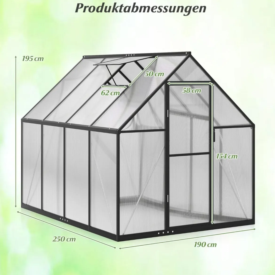 Begehbares Gewächshaus Gartenhaus mit PVC-Abdeckung & Aluminiumlegierungsrahmen Treibhaus 250 x 190 x 195 cm