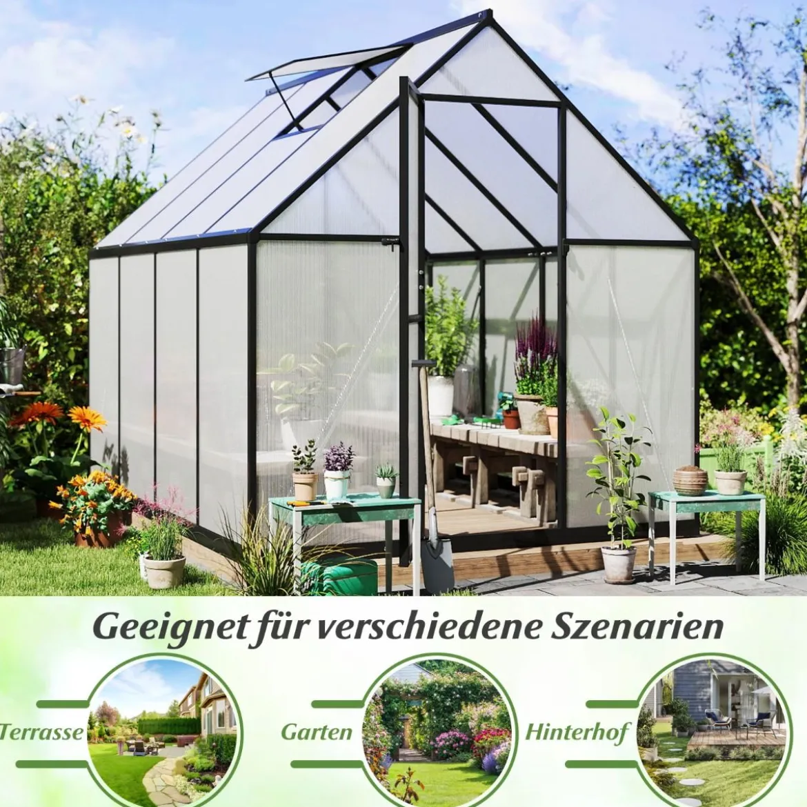 Begehbares Gewächshaus Gartenhaus mit PVC-Abdeckung & Aluminiumlegierungsrahmen Treibhaus 250 x 190 x 195 cm