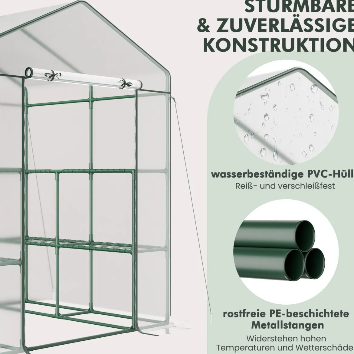 Begehbares Gewächshaus mit 4 Ebenen und 8 Regalen PVC-Abdeckung aufrollbare Tür Transparent
