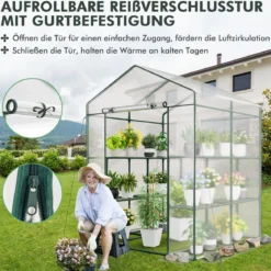 Begehbares Gewächshaus mit 4 Ebenen und 8 Regalen PVC-Abdeckung aufrollbare Tür Transparent