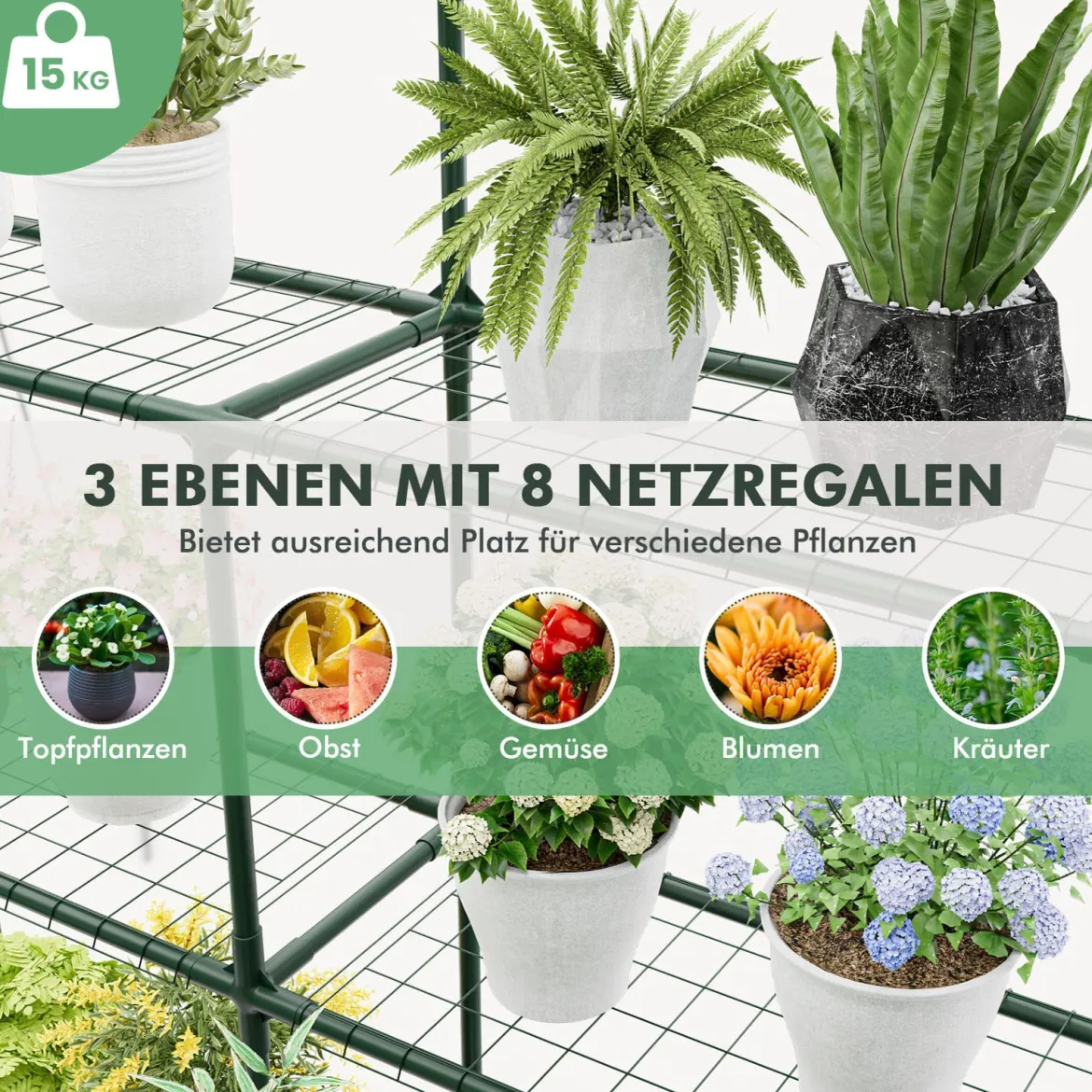 Begehbares Gewächshaus mit 4 Ebenen und 8 Regalen PVC-Abdeckung aufrollbare Tür Transparent