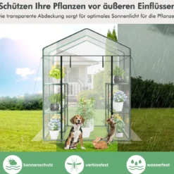 Begehbares Gewächshaus mit 4 Ebenen und 8 Regalen PVC-Abdeckung aufrollbare Tür Transparent