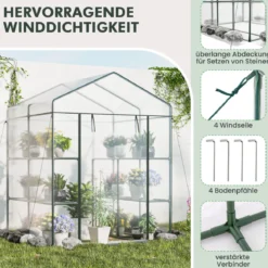 Begehbares Gewächshaus mit 4 Ebenen und 8 Regalen PVC-Abdeckung aufrollbare Tür Transparent