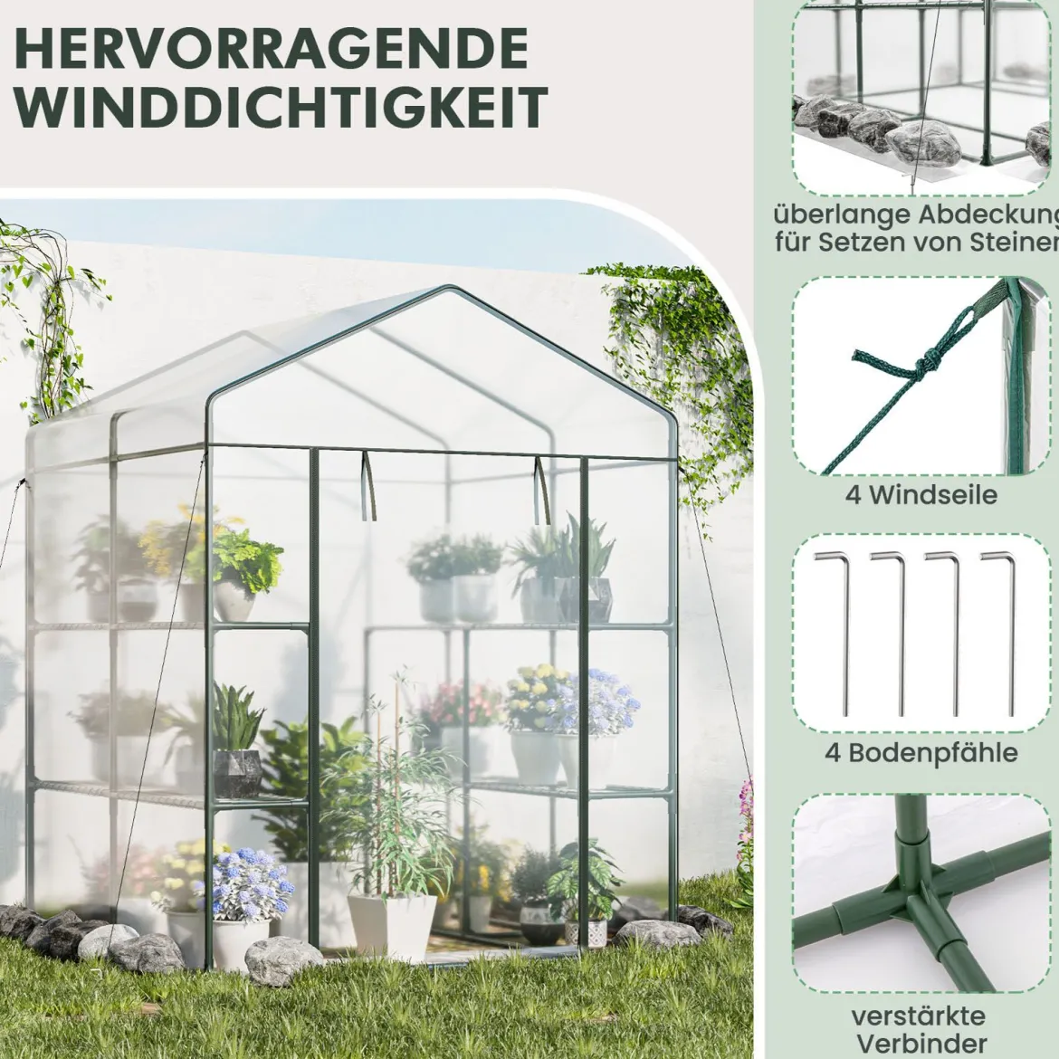 Begehbares Gewächshaus mit 4 Ebenen und 8 Regalen PVC-Abdeckung aufrollbare Tür Transparent