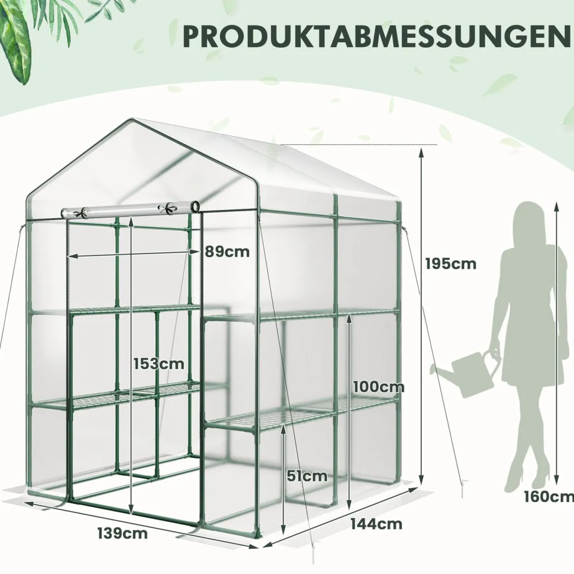 Begehbares Gewächshaus mit 4 Ebenen und 8 Regalen PVC-Abdeckung aufrollbare Tür Transparent