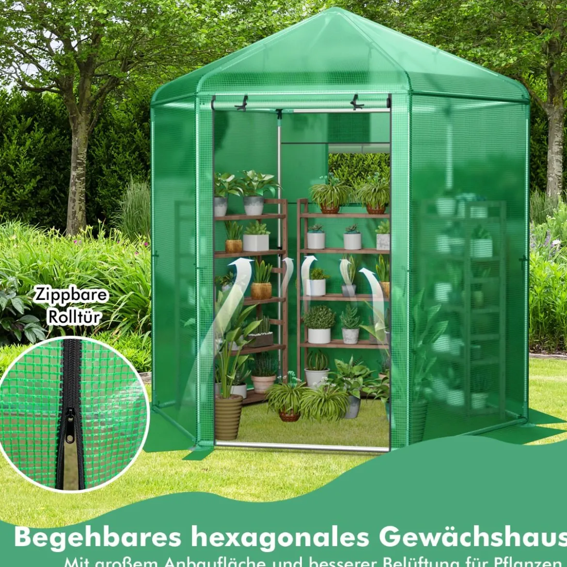Begehbares Gewächshaus mit PE-Abdeckung & Metallrahmen Sechseckiges Treibhaus Grün