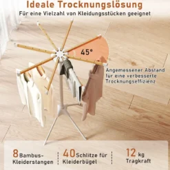 4-Bein Wäscheständer stehender Wäschetrockner mit 8 Bambus-Trockenstangen 40 Kleiderbügel-Slots Natur