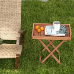 Beistelltisch Akazienholz Gartentisch klein Balkontisch Holztisch mit Lamellen-Tischplatte 68 x 44 x 74 cm Natur