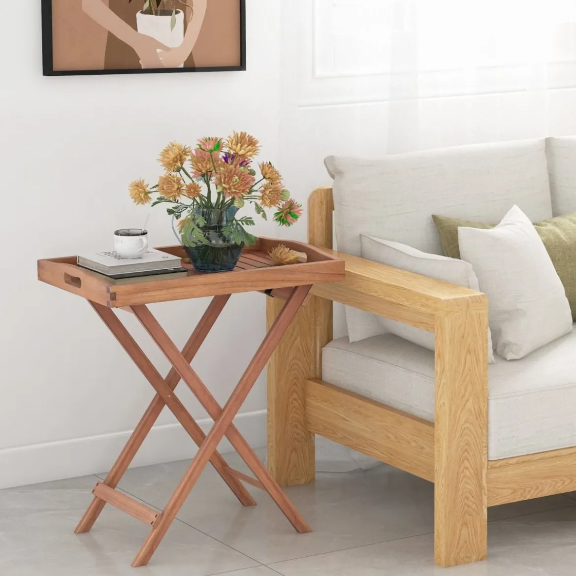 Beistelltisch Akazienholz Gartentisch klein Balkontisch Holztisch mit Lamellen-Tischplatte 68 x 44 x 74 cm Natur