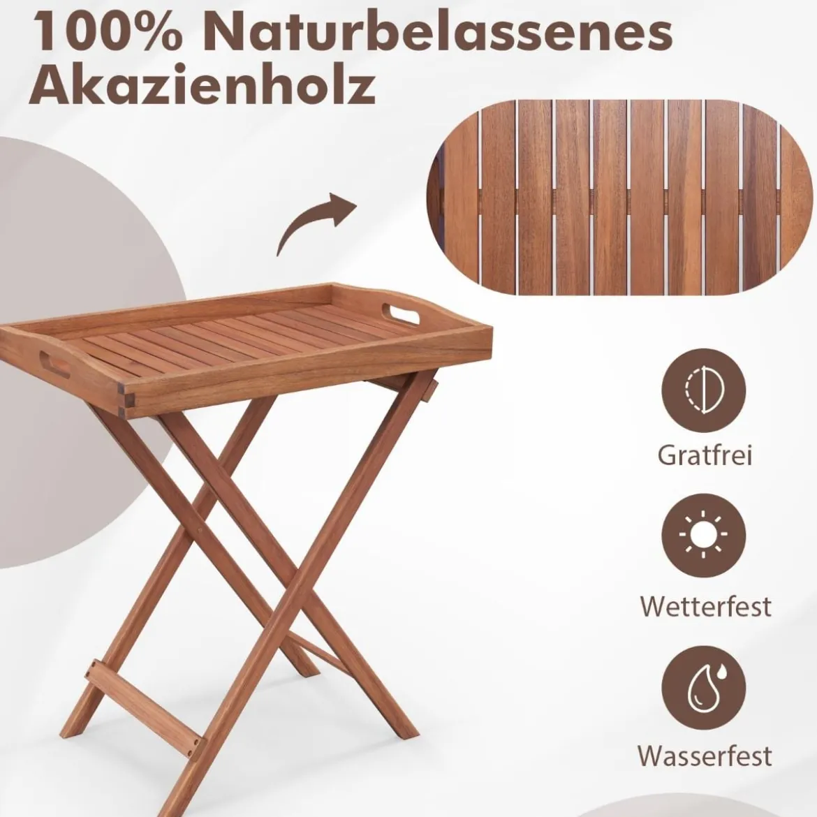 Beistelltisch Akazienholz Gartentisch klein Balkontisch Holztisch mit Lamellen-Tischplatte 68 x 44 x 74 cm Natur