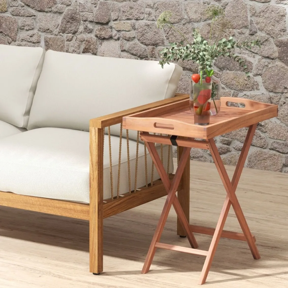 Beistelltisch Akazienholz Gartentisch klein Balkontisch Holztisch mit Lamellen-Tischplatte 68 x 44 x 74 cm Natur