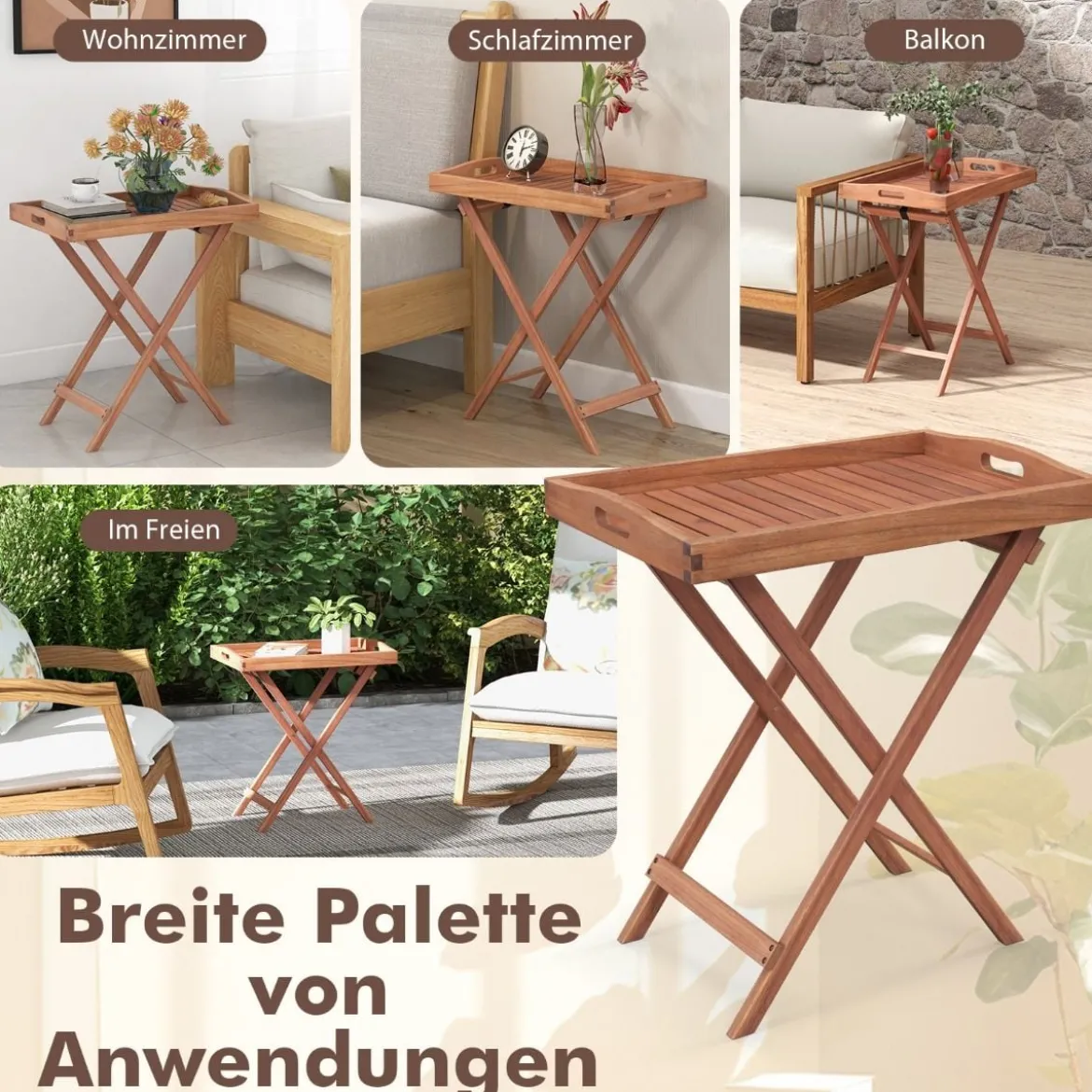 Beistelltisch Akazienholz Gartentisch klein Balkontisch Holztisch mit Lamellen-Tischplatte 68 x 44 x 74 cm Natur