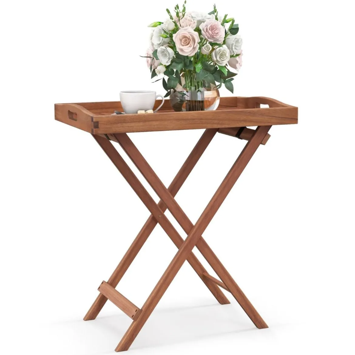Beistelltisch Akazienholz Gartentisch klein Balkontisch Holztisch mit Lamellen-Tischplatte 68 x 44 x 74 cm Natur