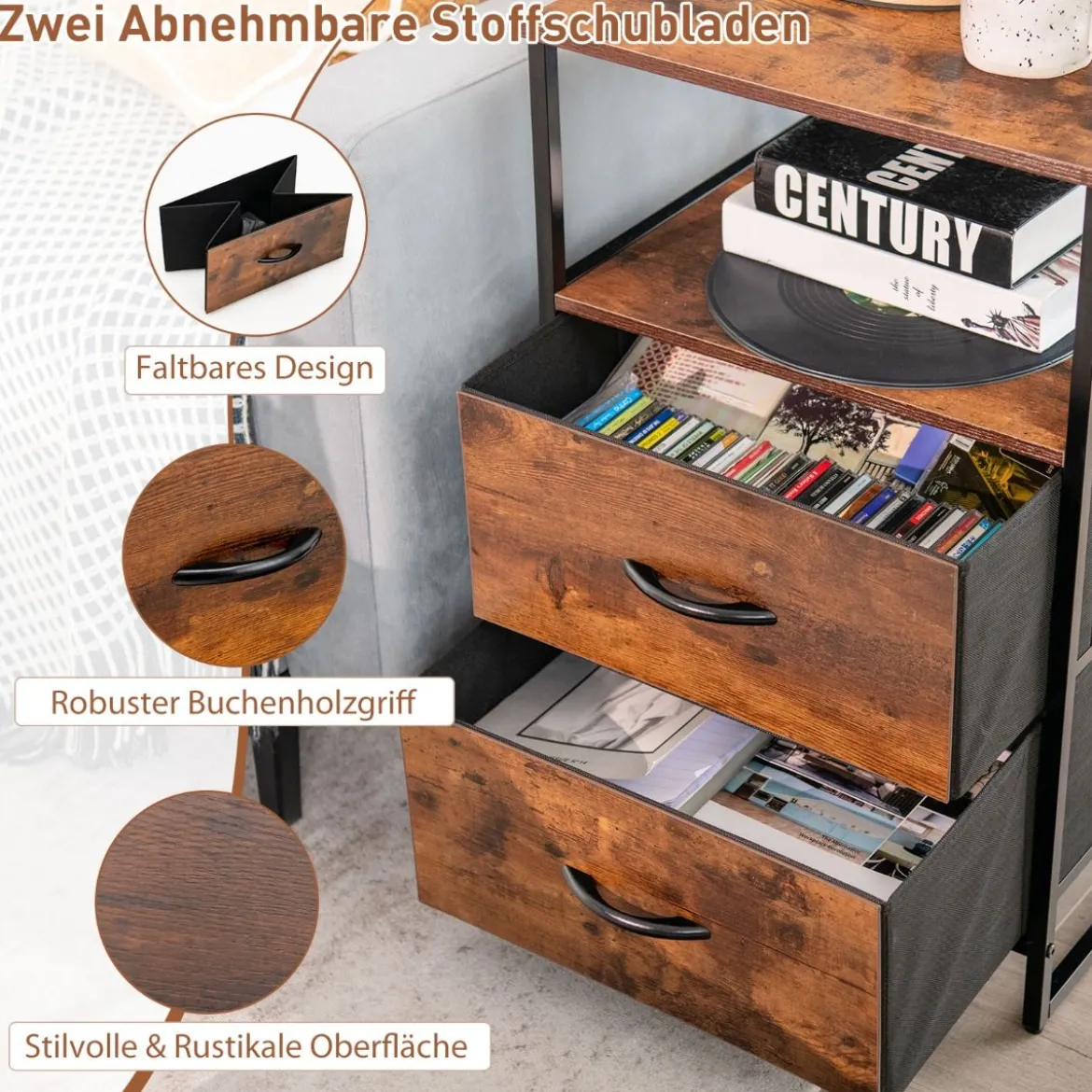 Beistelltisch Aufbewahrungsschrank mit 2 Schubladen und Ablage aus Holz für Wohnzimmer 45x40x70cm