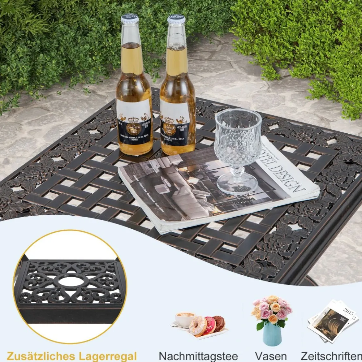 Beistelltisch aus Aluminiumguss wetterfester Balkontisch mit Ablagefläche 53 x 53 x 48 cm Kupfer