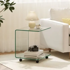 Beistelltisch aus Gehärtetem Glas mit Rollen C-Form Glastisch Nachttisch Sofatisch Kaffeetisch Transparent
