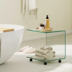 Beistelltisch aus Gehärtetem Glas mit Rollen C-Form Glastisch Nachttisch Sofatisch Kaffeetisch Transparent