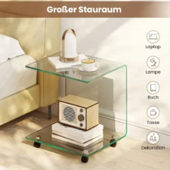 Beistelltisch aus Gehärtetem Glas mit Rollen C-Form Glastisch Nachttisch Sofatisch Kaffeetisch Transparent