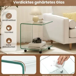 Beistelltisch aus Gehärtetem Glas mit Rollen C-Form Glastisch Nachttisch Sofatisch Kaffeetisch Transparent