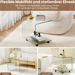 Beistelltisch aus Gehärtetem Glas mit Rollen C-Form Glastisch Nachttisch Sofatisch Kaffeetisch Transparent