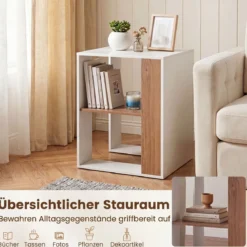 Beistelltisch aus Holz Quadratischer Nachttisch mit 2 Ebenen Kaffeetisch mit Ablage 45 x 45 x 60 cm Weiß