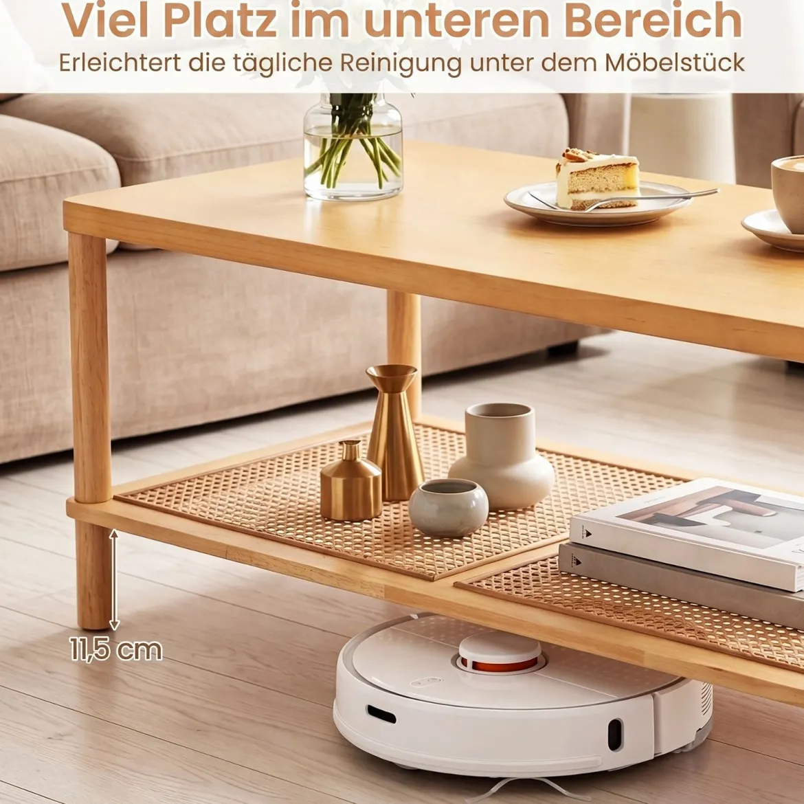 Beistelltisch aus Holz Rechteckiger Wohnzimmertisch mit Rattanablage Couchtisch mit Verstellbaren Füßen Natur