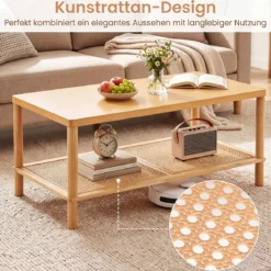 Beistelltisch aus Holz Rechteckiger Wohnzimmertisch mit Rattanablage Couchtisch mit Verstellbaren Füßen Natur