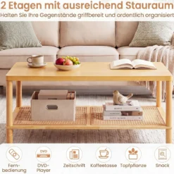 Beistelltisch aus Holz Rechteckiger Wohnzimmertisch mit Rattanablage Couchtisch mit Verstellbaren Füßen Natur
