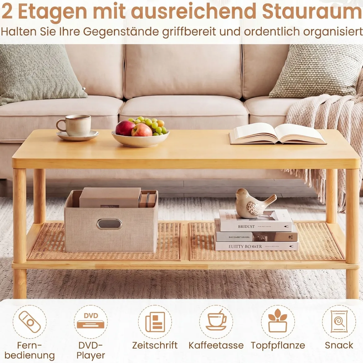 Beistelltisch aus Holz Rechteckiger Wohnzimmertisch mit Rattanablage Couchtisch mit Verstellbaren Füßen Natur