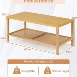 Beistelltisch aus Holz Rechteckiger Wohnzimmertisch mit Rattanablage Couchtisch mit Verstellbaren Füßen Natur