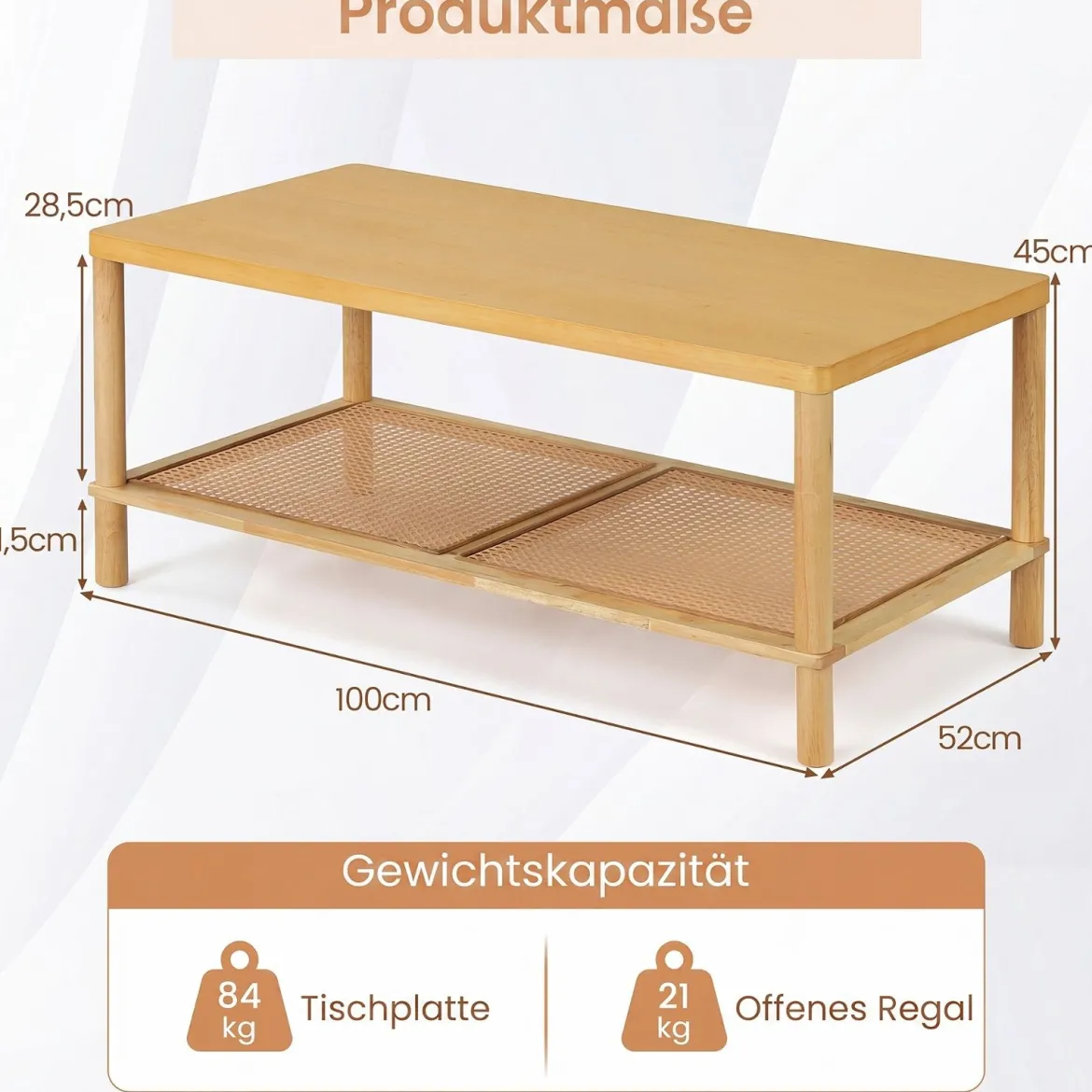 Beistelltisch aus Holz Rechteckiger Wohnzimmertisch mit Rattanablage Couchtisch mit Verstellbaren Füßen Natur