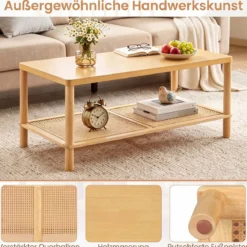 Beistelltisch aus Holz Rechteckiger Wohnzimmertisch mit Rattanablage Couchtisch mit Verstellbaren Füßen Natur