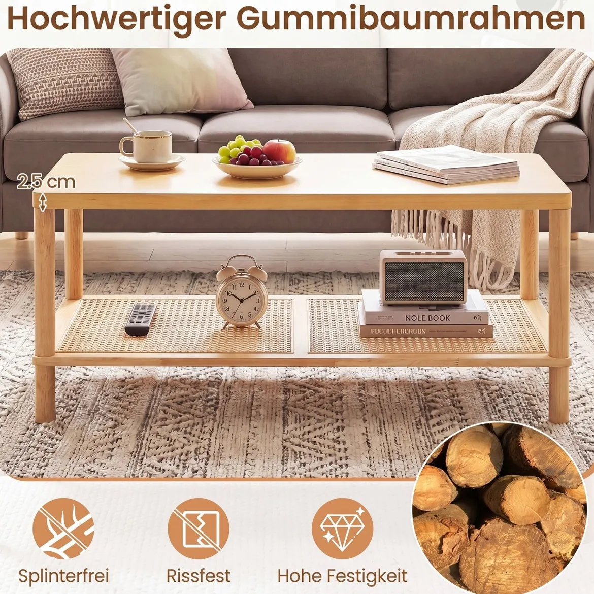 Beistelltisch aus Holz Rechteckiger Wohnzimmertisch mit Rattanablage Couchtisch mit Verstellbaren Füßen Natur