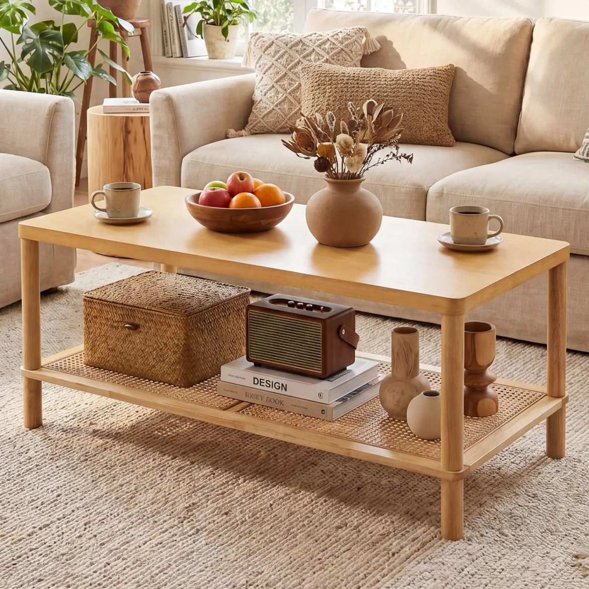Beistelltisch aus Holz Rechteckiger Wohnzimmertisch mit Rattanablage Couchtisch mit Verstellbaren Füßen Natur