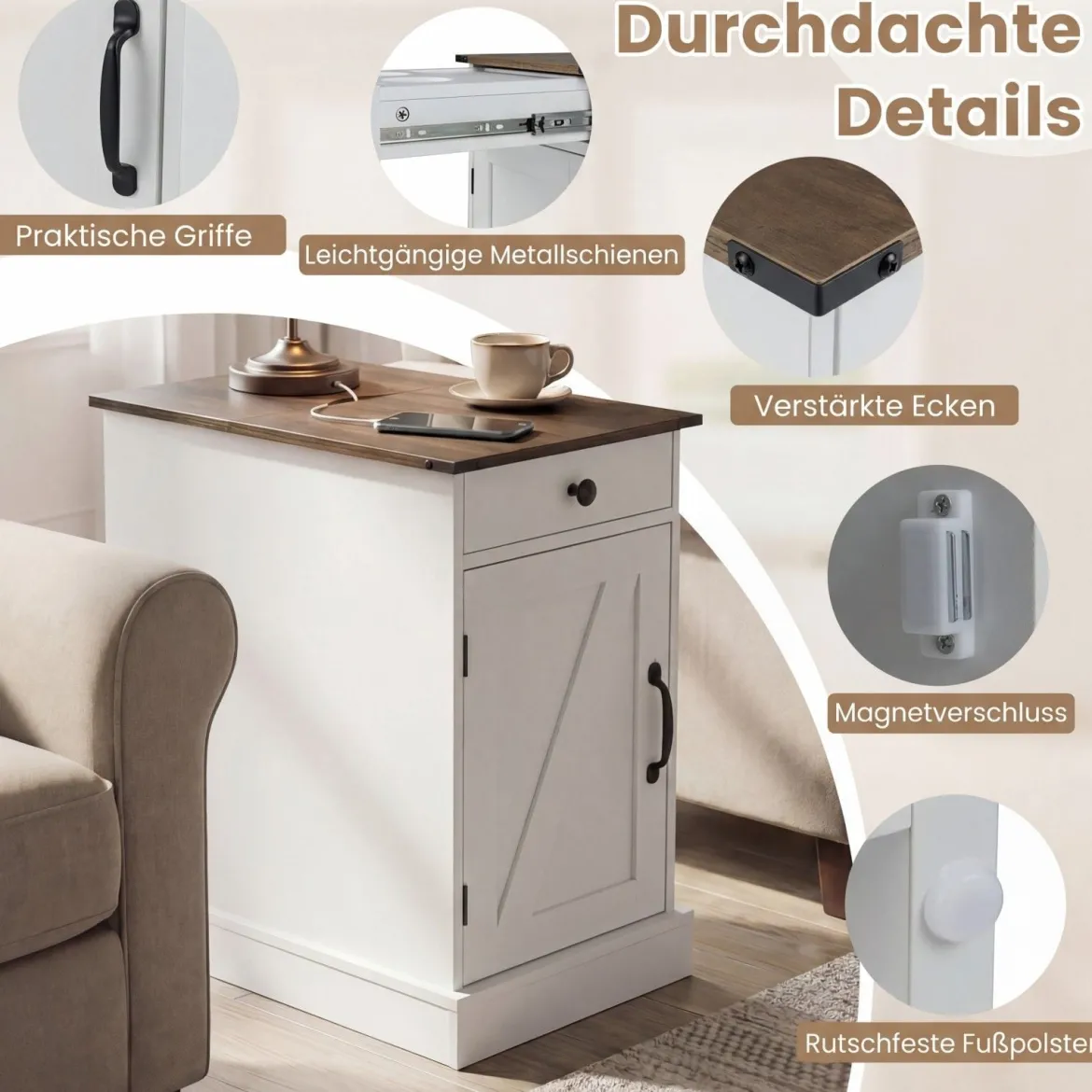 Beistelltisch Beistellschrank mit Ladestation Nachttisch mit klappbarer Tischplatte Schublade Weiß