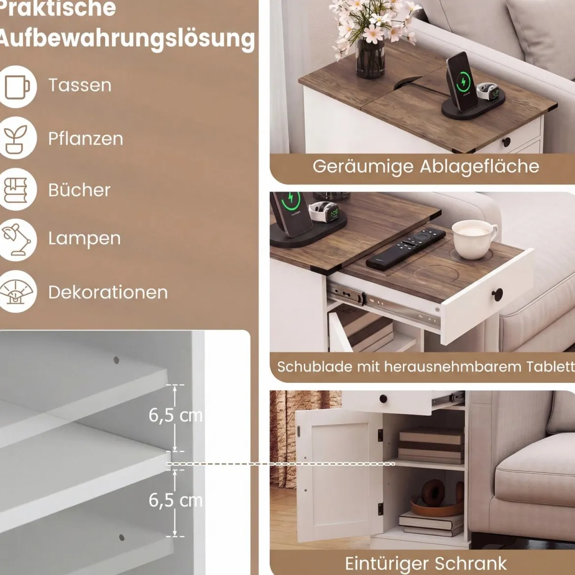 Beistelltisch Beistellschrank mit Ladestation Nachttisch mit klappbarer Tischplatte Schublade Weiß