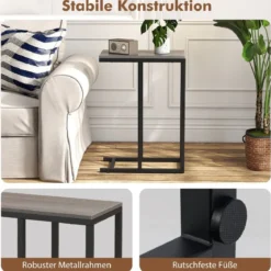 Beistelltisch C-Form Sofatisch mit Metallgestell Kaffeetisch für Wohnzimmer Rustikales Braun/Grau/Schwarz
