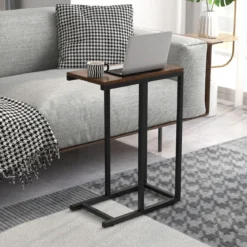 Beistelltisch C-Form Sofatisch mit Metallgestell Kaffeetisch für Wohnzimmer Rustikales Braun/Grau/Schwarz